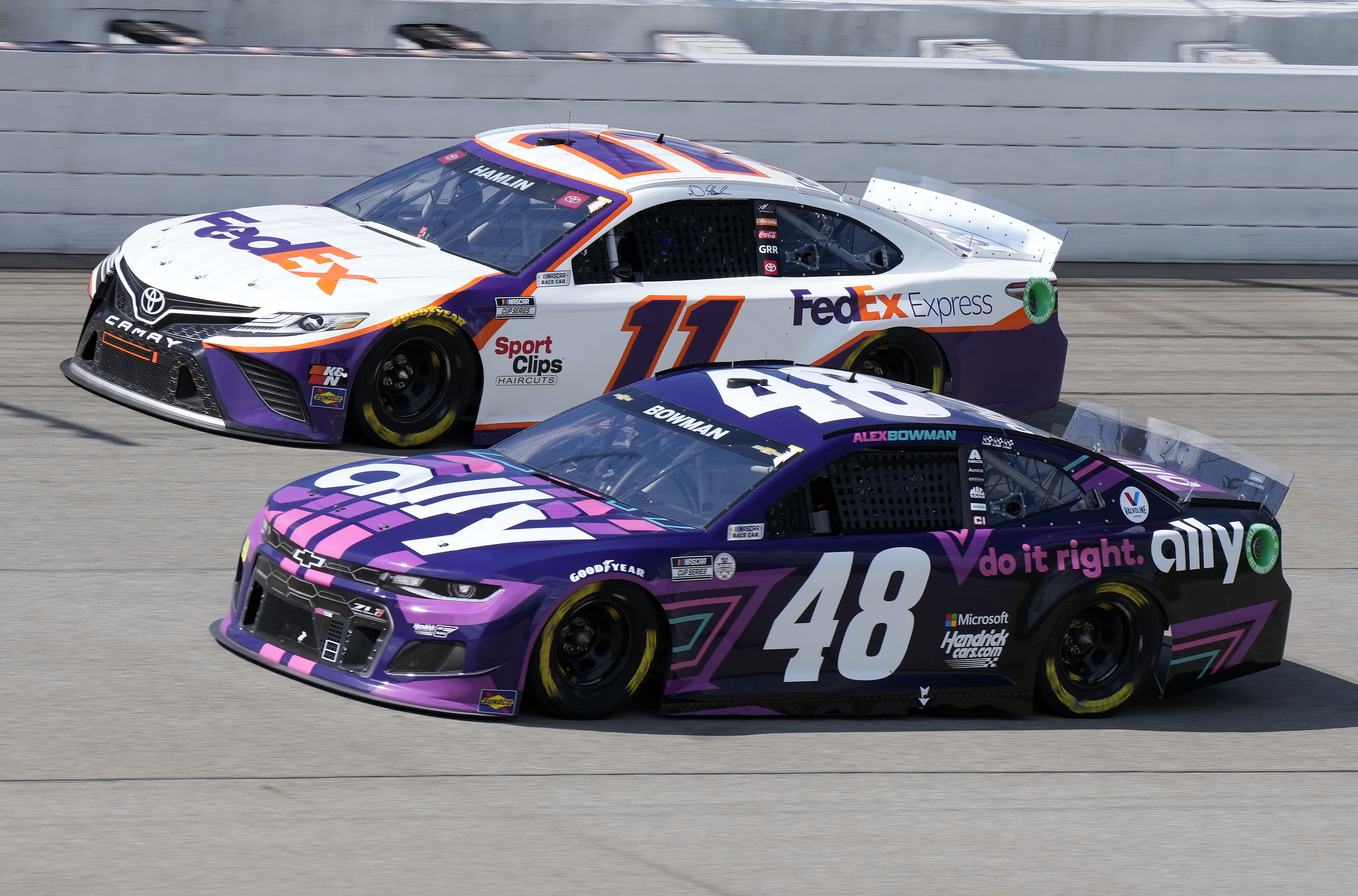 Alex Bowman (48) and Denny Hamlin (11) during the FireKeepers Casino 400 at Michigan International Speedway. - Source: Imagn